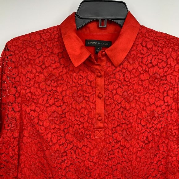 Banana Republic Dress Red Floral Polo Lace Flutter Sleeve - Picture 4 of 11